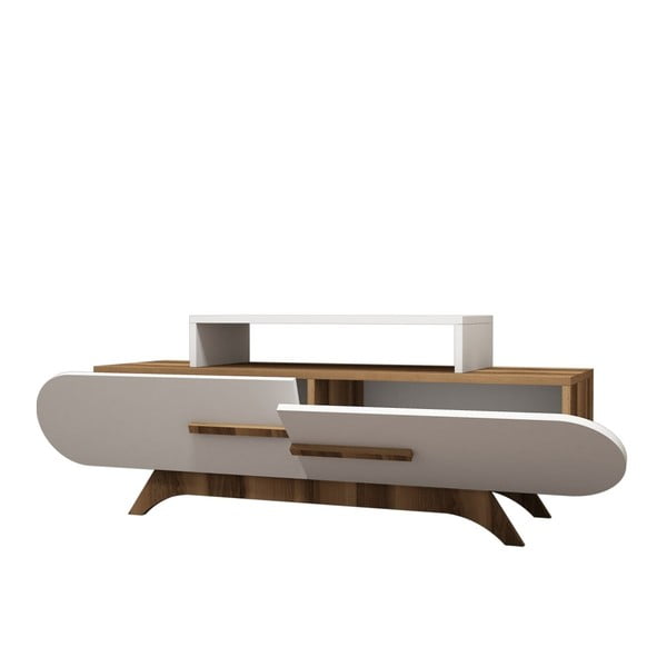 Bílý TV stolek s detaily v dekoru ořechového dřeva