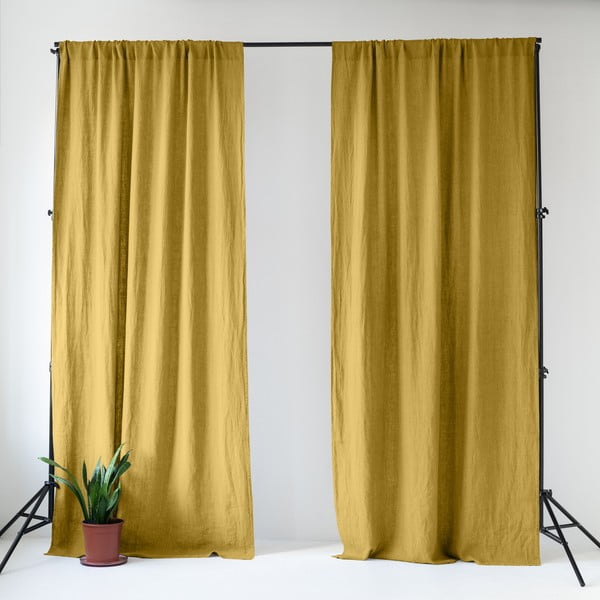 Žlutý lněný závěs 140x300 cm Lemon Curry – Linen Tales