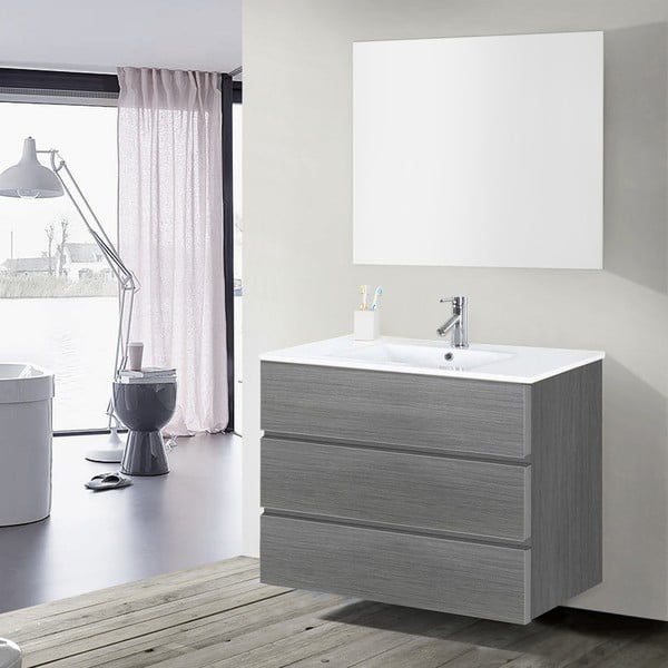 Koupelnová skříňka s umyvadlem a zrcadlem Nayade, odstín šedé, 100 cm