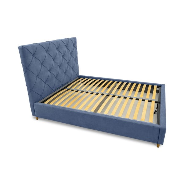 Modrá čalouněná dvoulůžková postel s úložným prostorem a roštem 160x200 cm Bee – Scandic-image-4