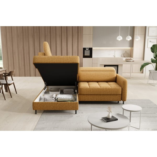 Žlutá sametová rozkládací/s úložným prostorem rohová pohovka (levý roh/do L) Barea – ELTAP-image-4