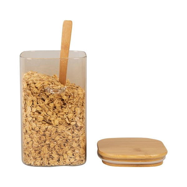 Hnědá skleněná dóza s dřevěným víkem a lžící PT LIVING Canister, výška 16 cm-image-2