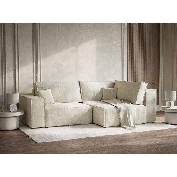 Krémová žinylková rozkládací/s úložným prostorem rohová pohovka (pravý roh/do L) Tonga – Maison de Rêve-image-4