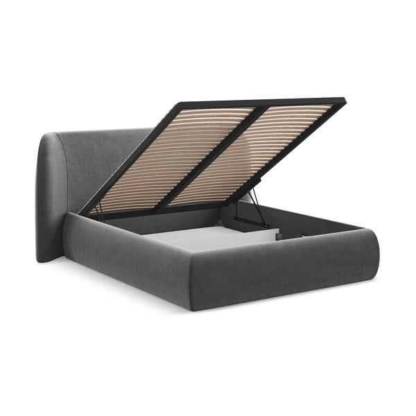 Tmavě šedá čalouněná dvoulůžková postel s úložným prostorem s roštem 140x200 cm Hauke – Makamii-image-2