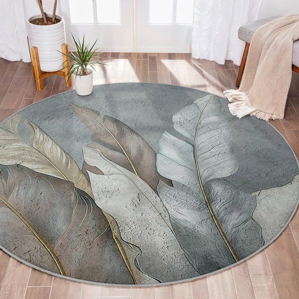 Zeleno-šedý pratelný kulatý koberec ø 100 cm Dusty Leaves – Mila Home-image-4