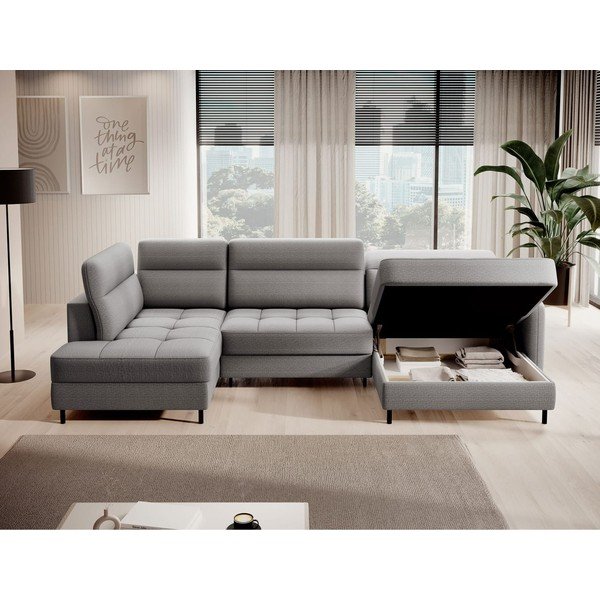 Světle šedá sametová rozkládací/s úložným prostorem rohová pohovka (levý roh/do "U") Berrto – ELTAP-image-3