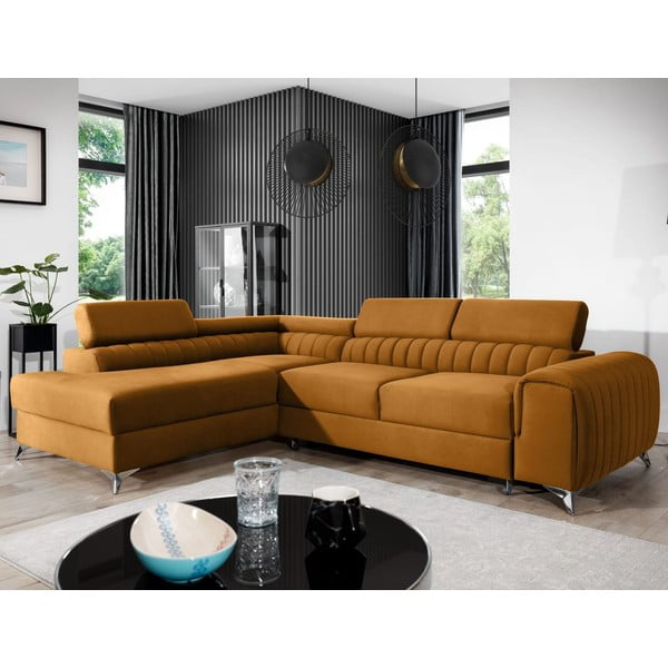 Žlutá sametová rozkládací/s úložným prostorem rohová pohovka (levý roh/do L) Laurence – ELTAP-image-1