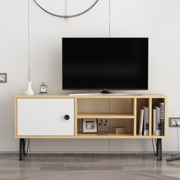 Bílý/přírodní TV stolek v dekoru dubu 120x52 cm Arven – Kalune Design-image-2