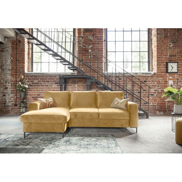 Hořčicově žlutá sametová rozkládací rohová pohovka Miuform Lofty Lilly, levý roh-image-1