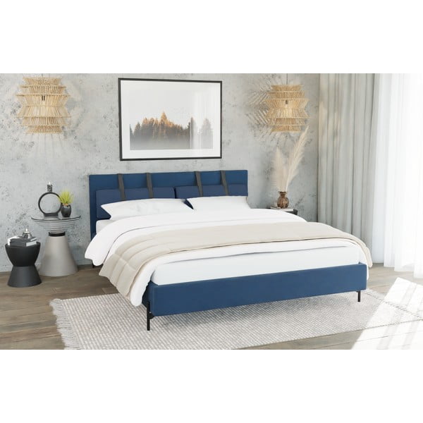 Tmavě modrá čalouněná dvoulůžková postel s roštem 160x200 cm Tulsa – Ropez-image-2