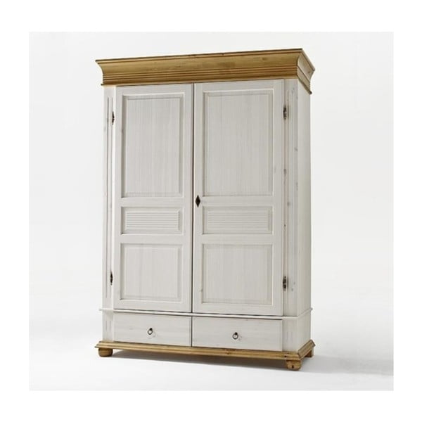 Bílá dvoudveřová šatní skříň z borovicového dřeva SOB Harald
