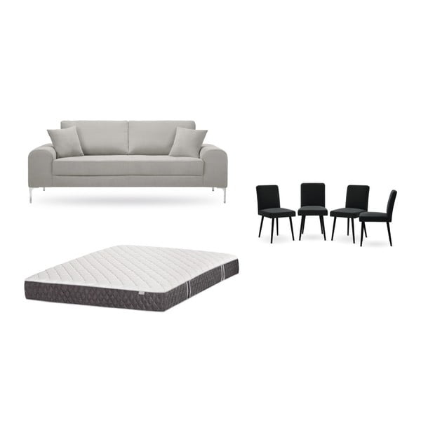 Set třímístné světle šedé pohovky, 4 černých židlí a matrace 160 x 200 cm Home Essentials