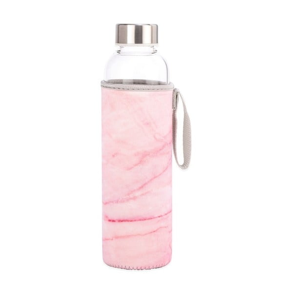 Skleněná láhev na vodu s růžovým obalem Kikkerland Marble, 600 ml