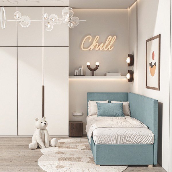 Modrá rohová dětská postel s úložným prostorem s matrací 90x200 cm Flexi – Ghado-image-1