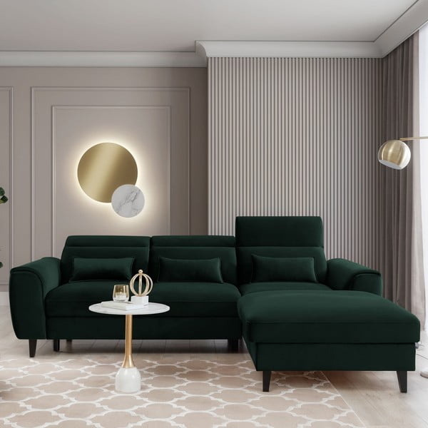 Tmavě zelená sametová rozkládací/s úložným prostorem rohová pohovka (pravý roh/s lenoškou) Foble – ELTAP-image-1