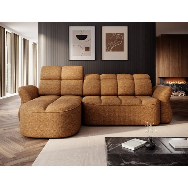 Žlutá/hnědá sametová rozkládací/s úložným prostorem rohová pohovka (levý roh/s lenoškou) Beneth – ELTAP-image-1