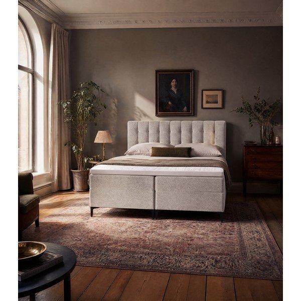 Taupe boxspring postel s úložným prostorem 180x200 cm Puhala – Makamii-image-1