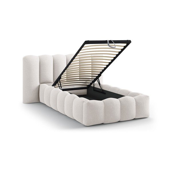 Krémová čalouněná jednolůžková postel s úložným prostorem s roštem 90x200 cm Lupine – Micadoni -image-1