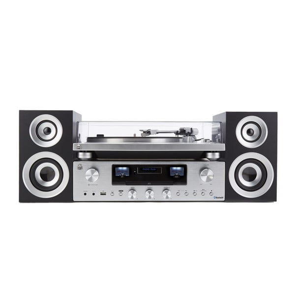 Gramofon a audio systém ve stříbrné barvě GPO PR100/200 Bundle