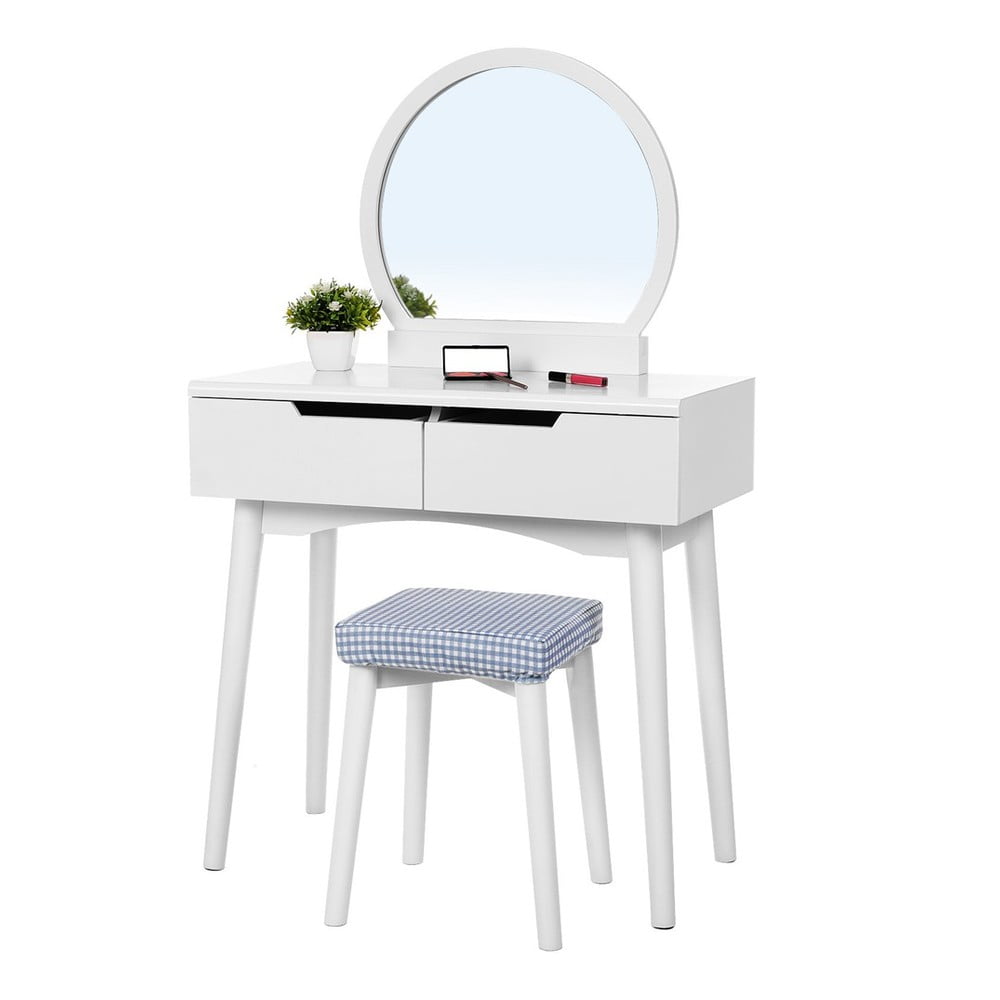 Bílý dřevěný toaletní stolek se zrcadlem, stoličkou a dvěma zásuvkami Songmics