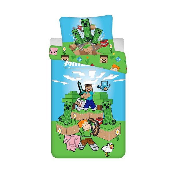 Zeleno-modré bavlněné dětské povlečení na jednolůžko 140x200 cm Minecraft "Outdoor Mobs" – Jerry Fabrics