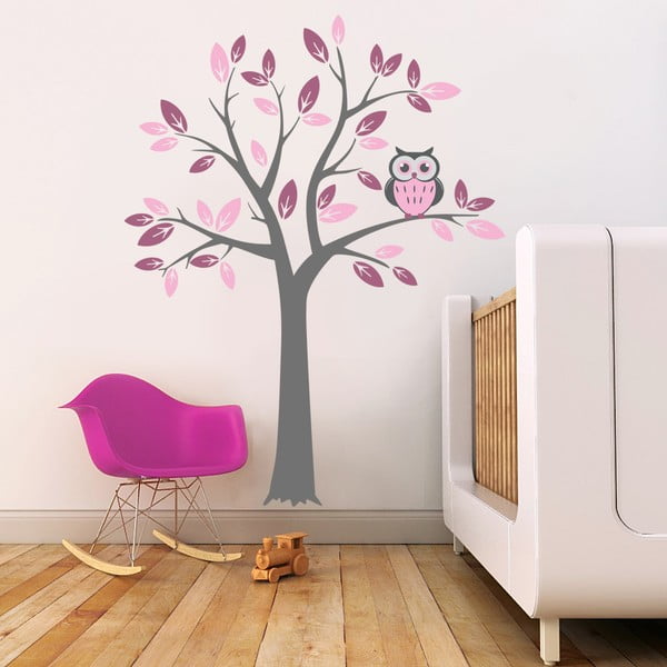 Samolepka na stěnu Strom a růžová sova, 2 archy, 70x50 cm