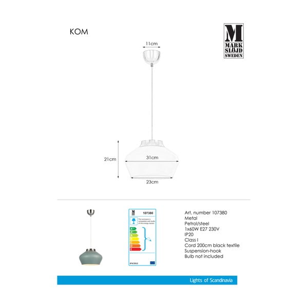 Modrošedé závěsné svítidlo Markslöjd Kom-image-1