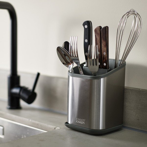 Odkapávač na příbory z nerezové oceli v leskle stříbrné barvě 11x11,5 cm Duo Steel – Joseph Joseph-image-1