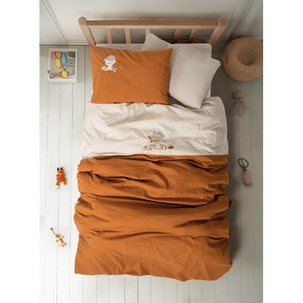 Oranžové/béžové bavlněné dětské povlečení do postýlky s prostěradlem/4dílné 100x150 cm Clever – Mijolnir-image-1
