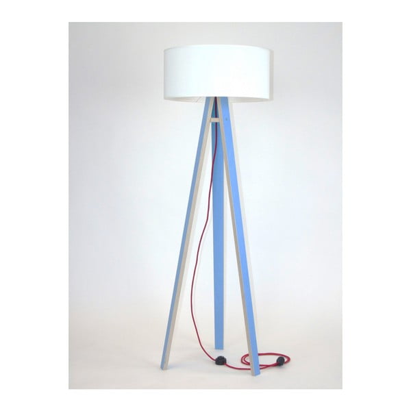 Modrá stojací lampa s bílým stínítkem a červeným kabelem Ragaba Wanda