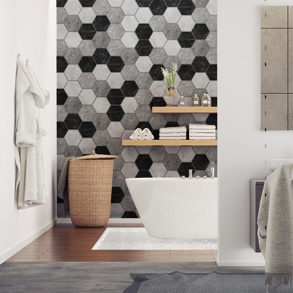 Sada 28 dekorativních samolepek na stěnu Ambiance Hexagons Marble, 10 x 9 cm