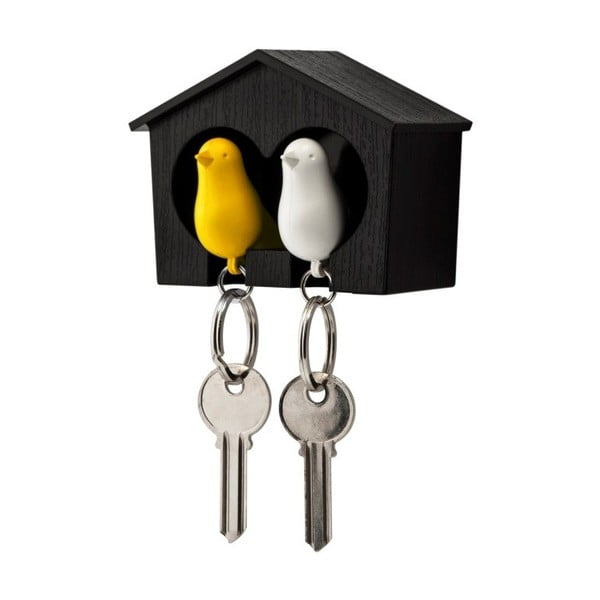 Hnědý věšáček na klíče s bílou a žlutou klíčenkou Qualy Duo Sparrow