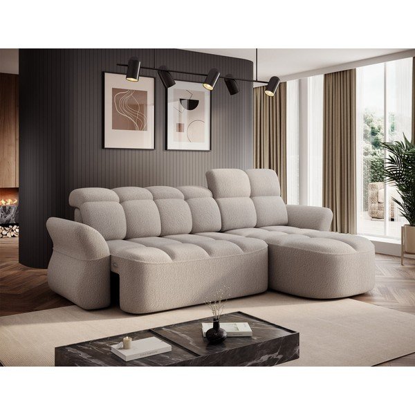 Béžová rozkládací/s úložným prostorem rohová pohovka z textilie bouclé (pravý roh/s lenoškou) Beneth – ELTAP-image-3