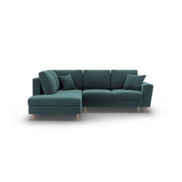 Sametová rozkládací/s úložným prostorem rohová pohovka v petrolejové barvě (levý roh/do L) Kyoto – Cosmopolitan Design