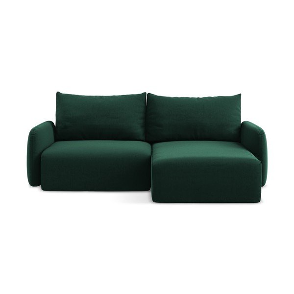 Tmavě zelená sametová rozkládací/s úložným prostorem rohová pohovka (pravý roh/s lenoškou) Kalena – Makamii