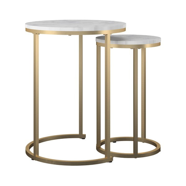 Bílé/ve zlaté barvě kulaté konferenční stolky v sadě 2 ks s deskou v dekoru mramoru ø 45 cm Amelia – CosmoLiving by Cosmopolitan-image-2