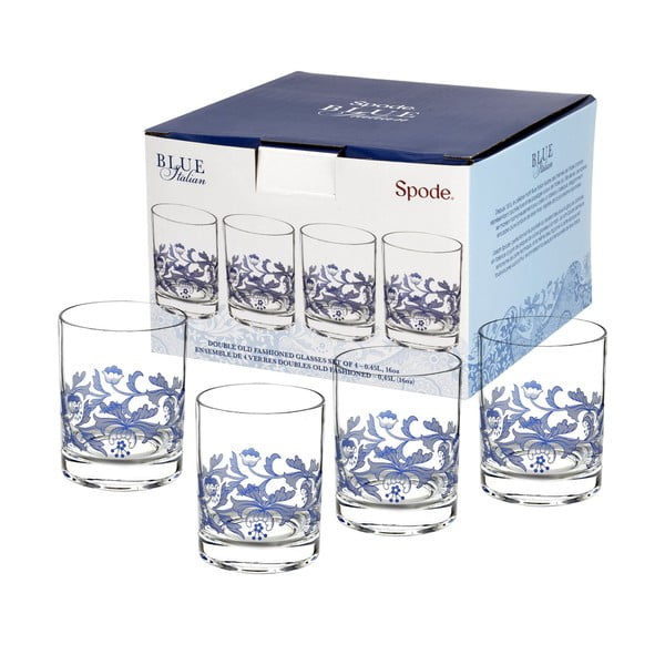 Sada 4 bílomodrých skleněných sklenic na whiskey Spode Blue Italian, 450 ml