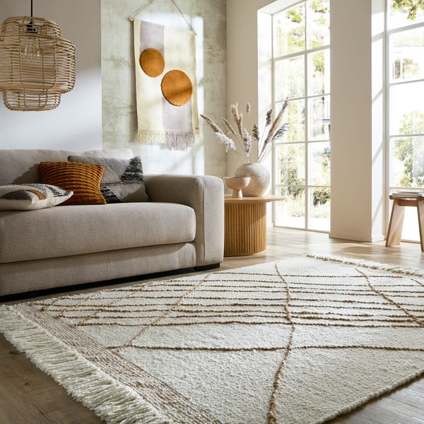 Krémový ručně tkaný koberec s příměsí vlny 160x230 cm Astera Linear – Flair Rugs-image-1