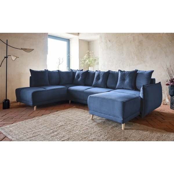 Tmavě modrá manšestrová rozkládací rohová pohovka (levý roh/do "U") Lazy Lukka – Miuform-image-3