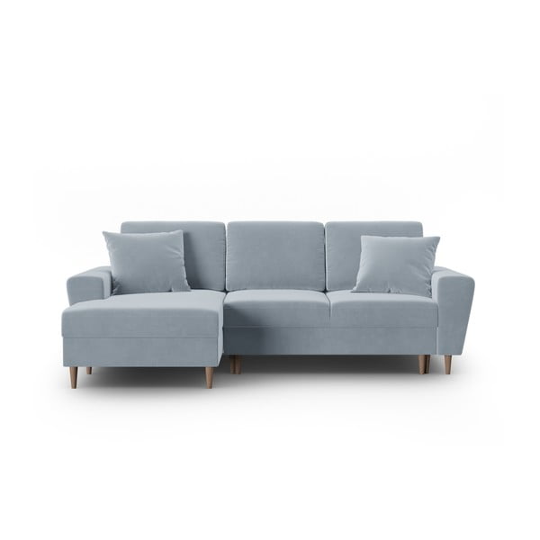 Světle modrá sametová rozkládací/s úložným prostorem rohová pohovka (levý roh/s lenoškou) Kyoto – Cosmopolitan Design