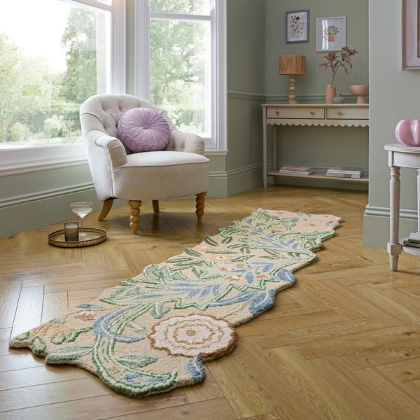 Zelený ručně tkaný vlněný běhoun 60x230 cm Bryony Shaped Floral – Flair Rugs-image-1