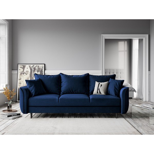 Modrá sametová rozkládací pohovka Kooko Home Basso-image-4