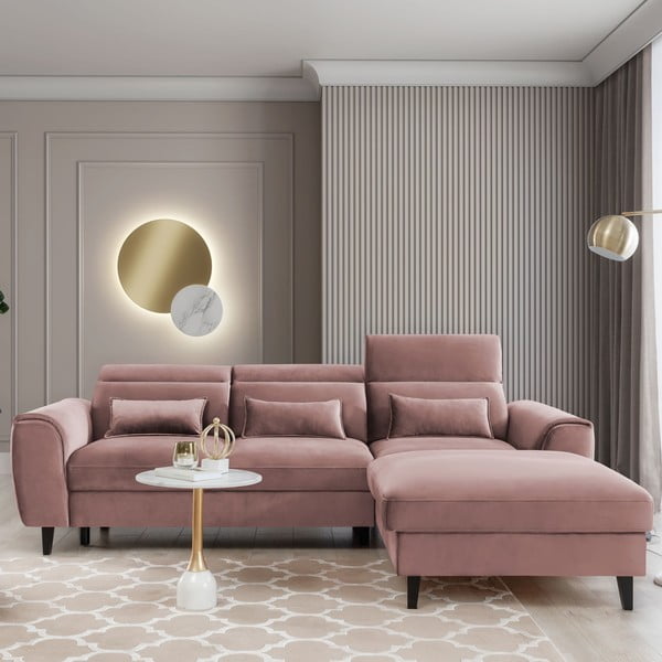 Růžová sametová rozkládací/s úložným prostorem rohová pohovka (pravý roh/s lenoškou) Foble – ELTAP-image-1