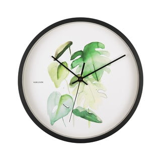 Zeleno-bílé nástěnné hodiny v černém rámu Karlsson Monstera, ø 26 cm