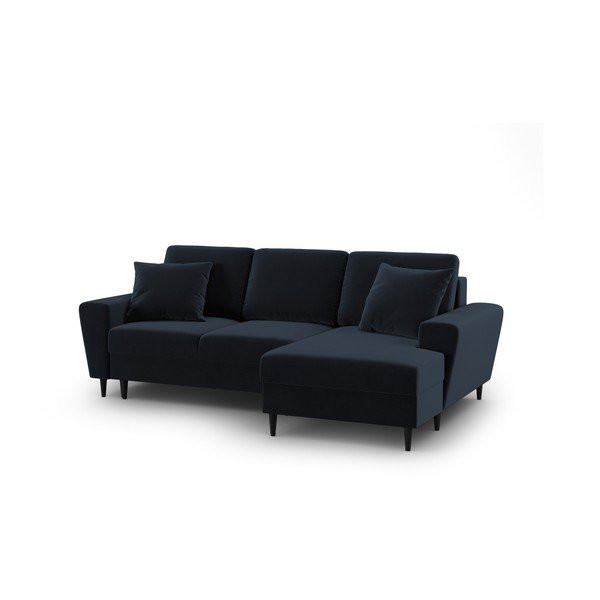 Tmavě modrá sametová rozkládací/s úložným prostorem rohová pohovka (pravý roh/s lenoškou) Kyoto – Cosmopolitan Design-image-1