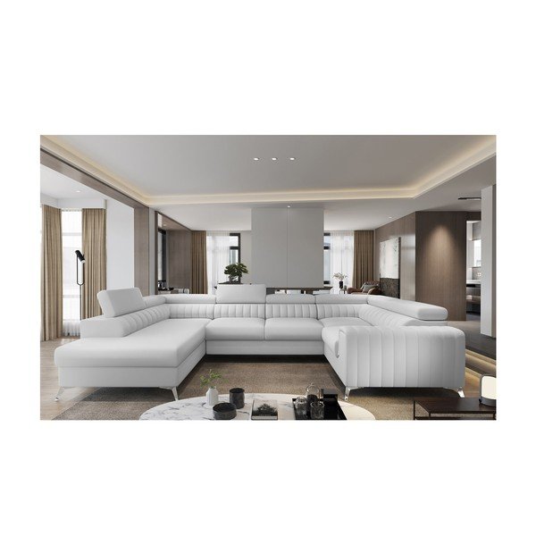 Bílá rozkládací/s úložným prostorem rohová pohovka z imitace kůže (levý roh/do "U") Louis – ELTAP-image-1