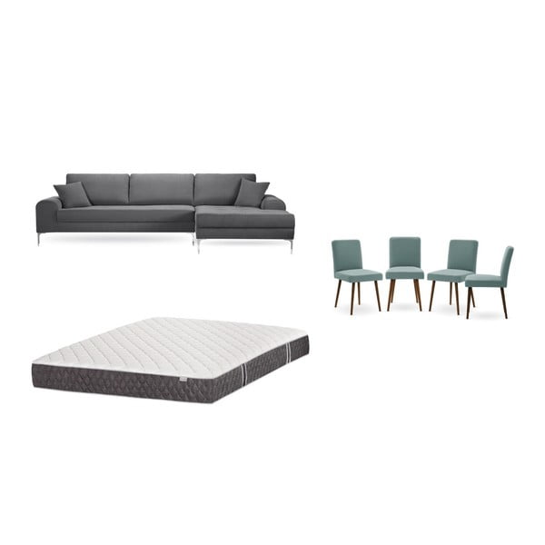 Set šedé pohovky s lenoškou vpravo, 4 šedozelených židlí a matrace 160 x 200 cm Home Essentials