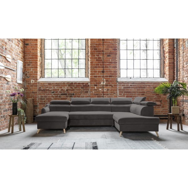 Tmavě šedá sametová rozkládací rohová pohovka do "U" (pravý roh) Sweet Harmony – Miuform-image-1