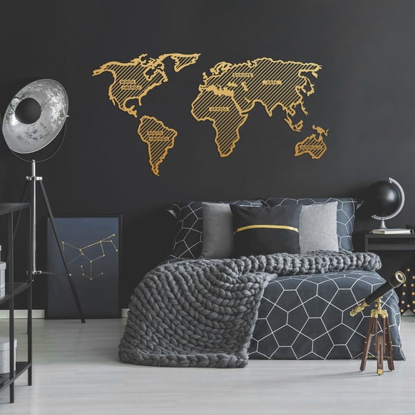 Kovová nástěnná dekorace ve zlaté barvě World Map In The Stripes, 120 x 65 cm