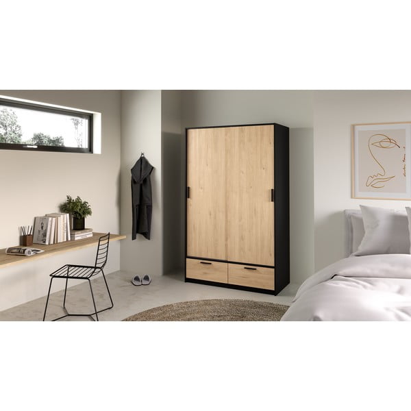 Šatní skříň v dekoru dubu s posuvnými dveřmi v černo-přírodní barvě 121x200 cm Line – Tvilum-image-4